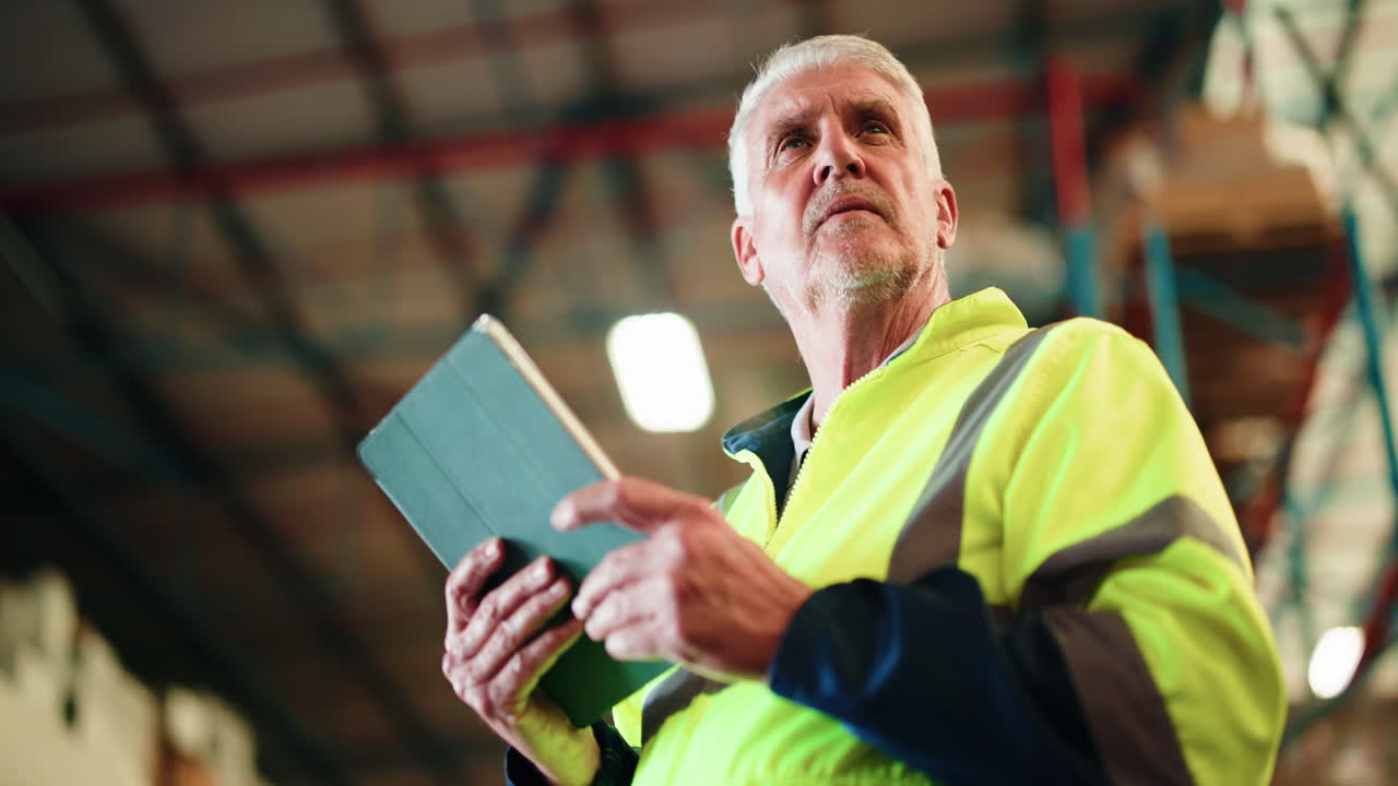 Senior Man in High-Visibility Jacket Using Tablet in Warehouse