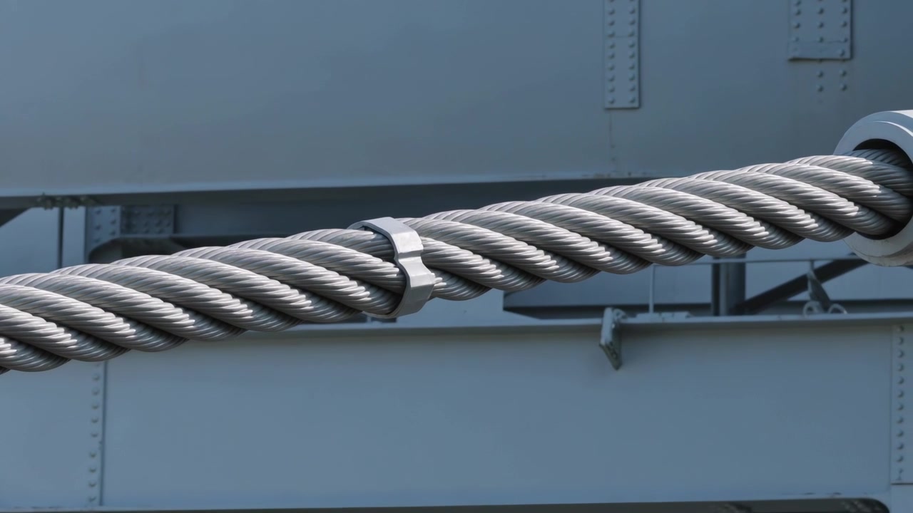 Fraying steel wire rope whipping after clamp failing at bridge anchorage, with sparks and fragments