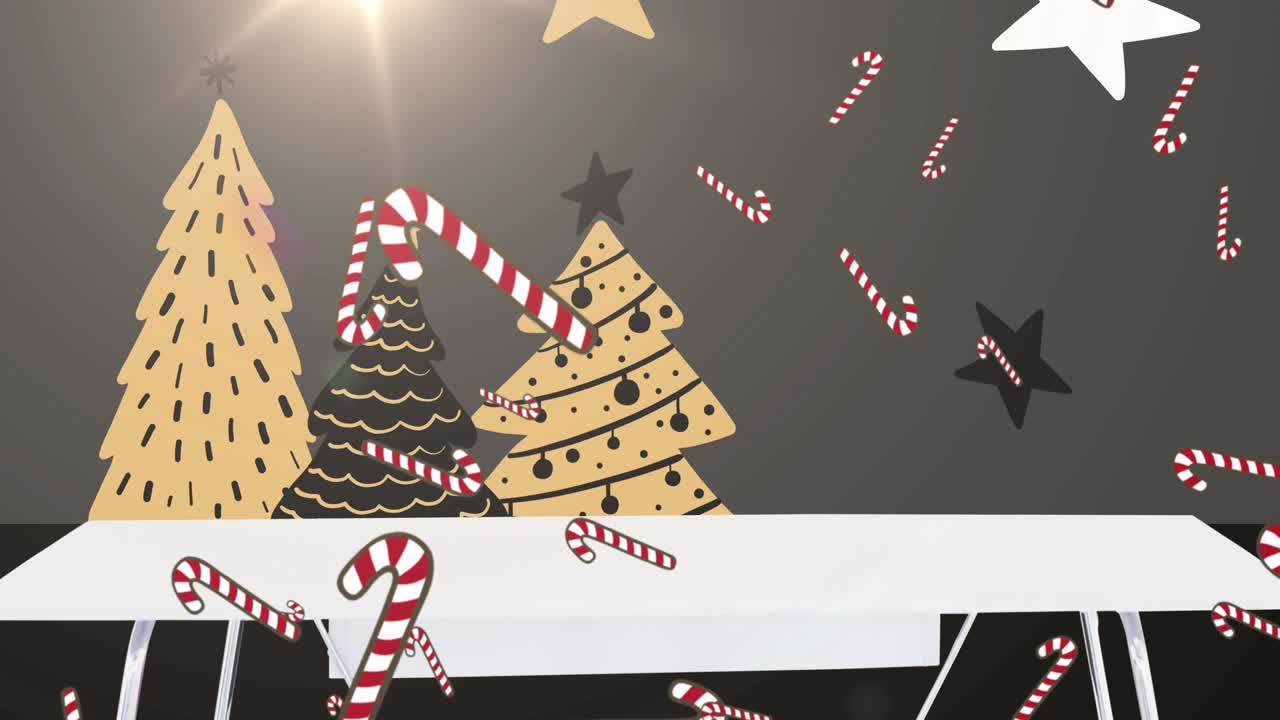 animación de nieve y bastones de caramelo cayendo sobre árboles de navidad en fondo negro