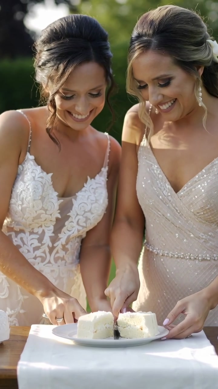 Vertical video: Women placing knives over wedding cake, slicing with hearts floating celebrating
