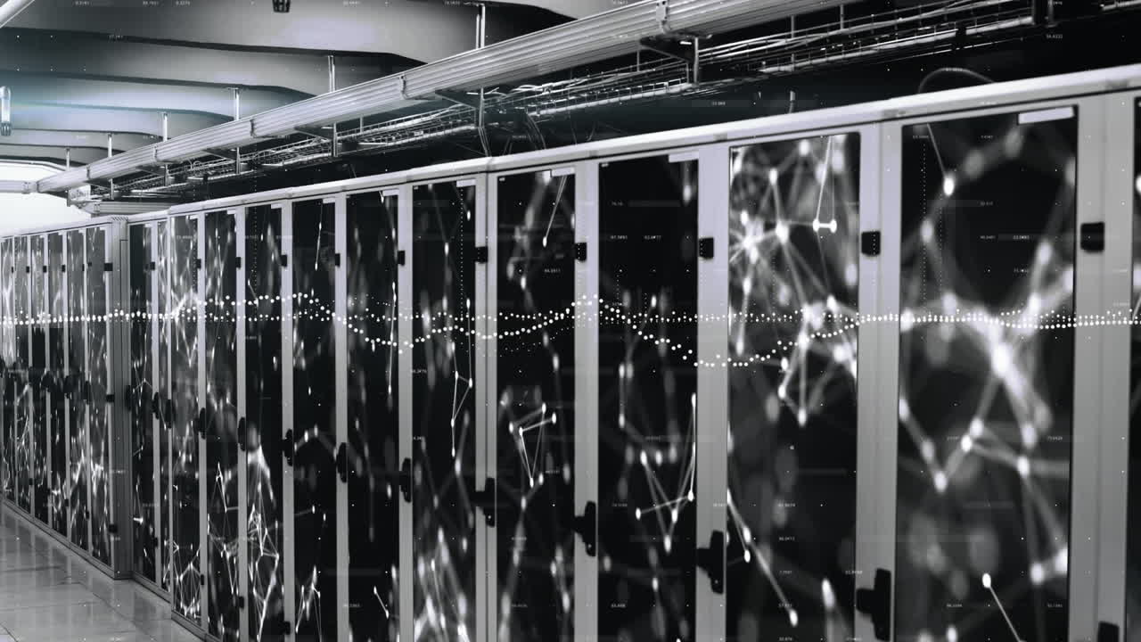 Animation of data processing and network of connections against computer server room