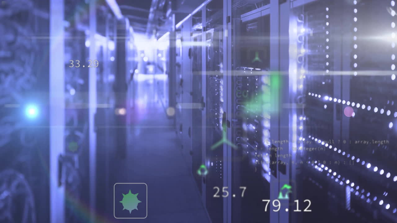 Animation of eco icons and digital data processing over computer servers