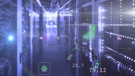 animación de iconos ecológicos y procesamiento de datos digitales a través de servidores informáticos