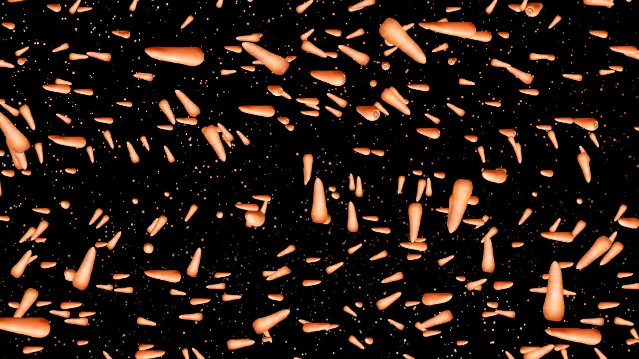 당근은 회전하고 검은 바탕에 떨어집니다.