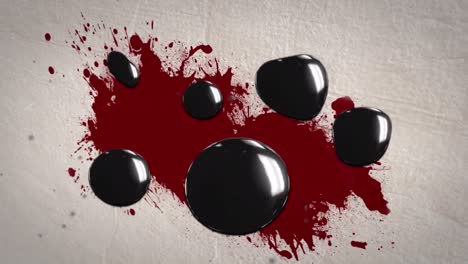 animation of spooky halloween black spots over blood on white background