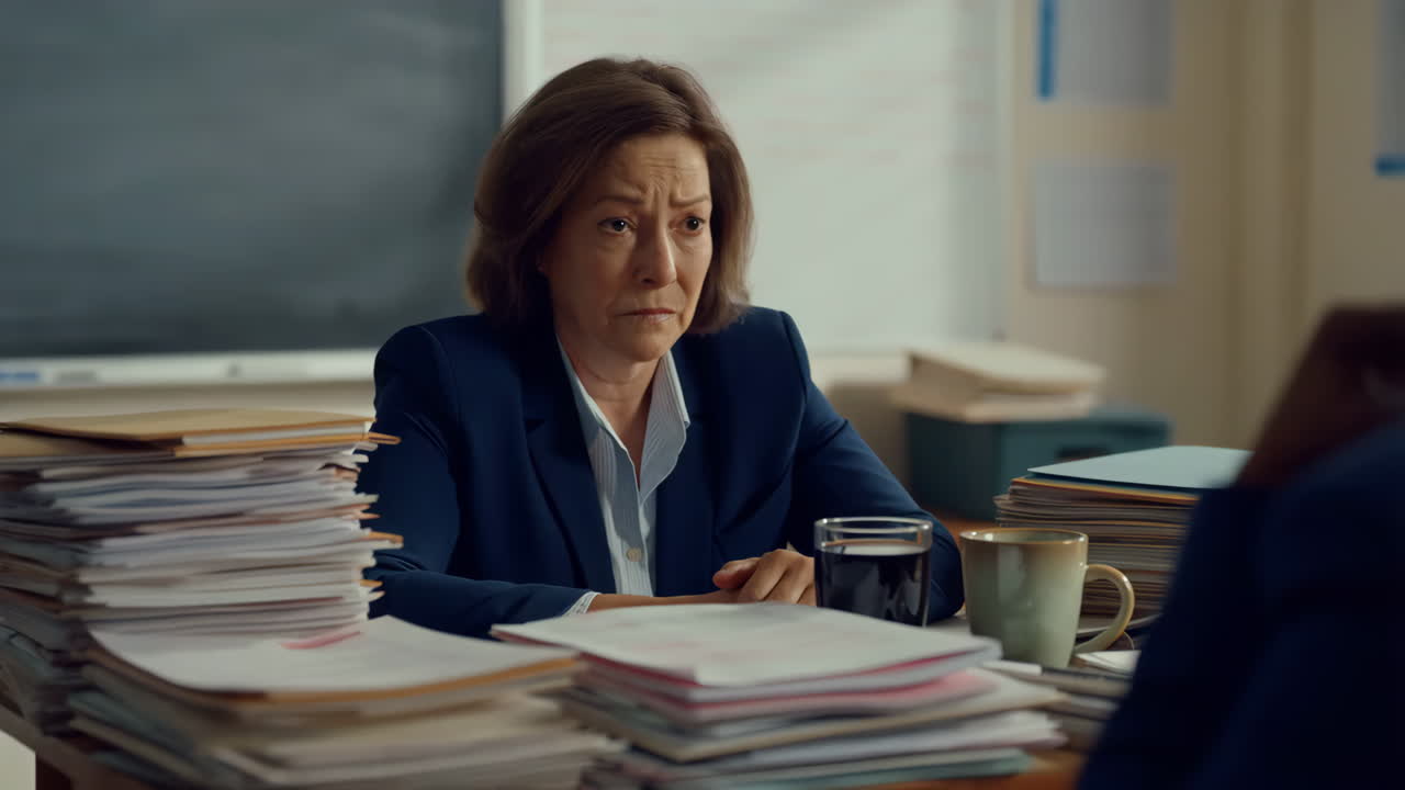 Overwhelmed woman at a desk with stacks of papers