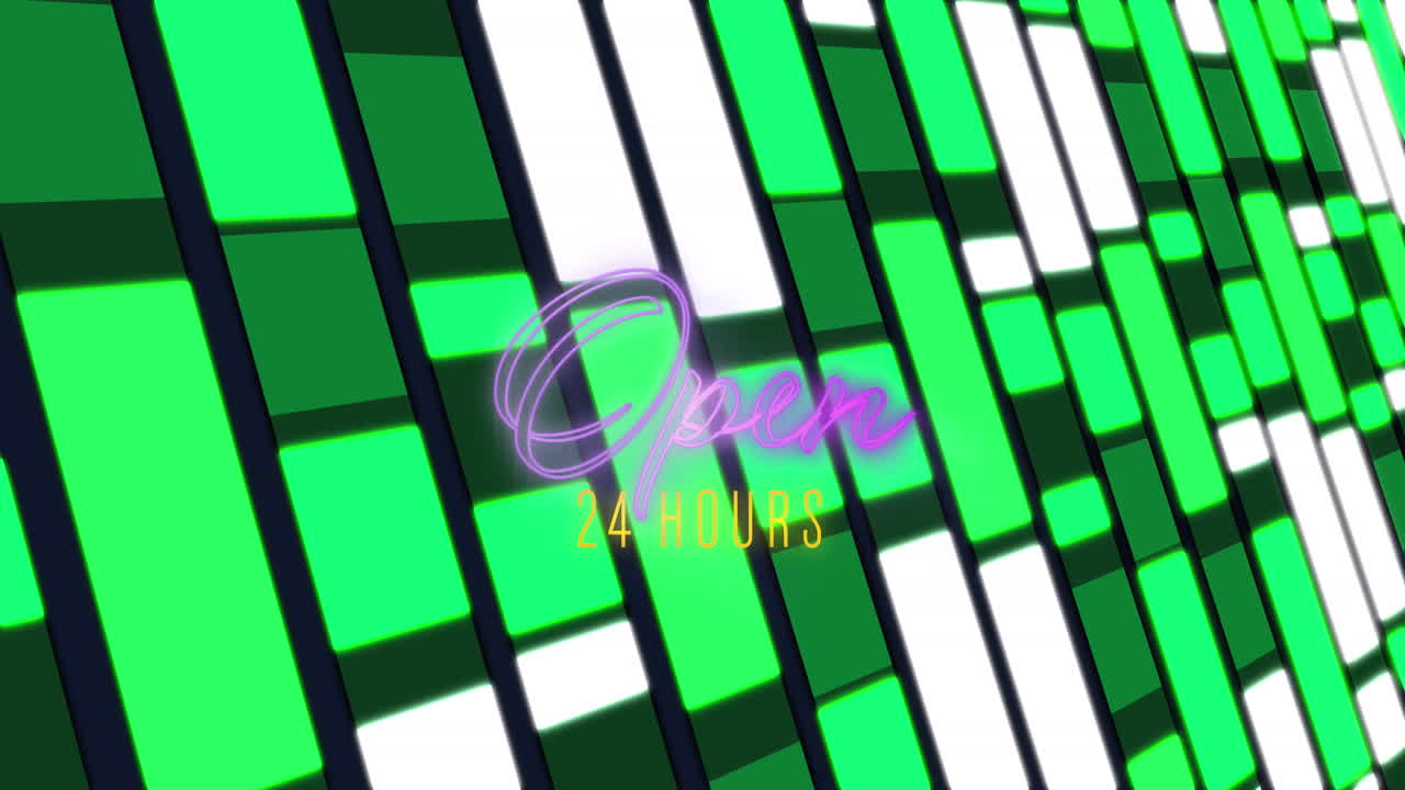 el cartel de neón anuncia disponibilidad las 24 horas del día, los 7 días de la semana contra un telón de fondo verde cambiante.