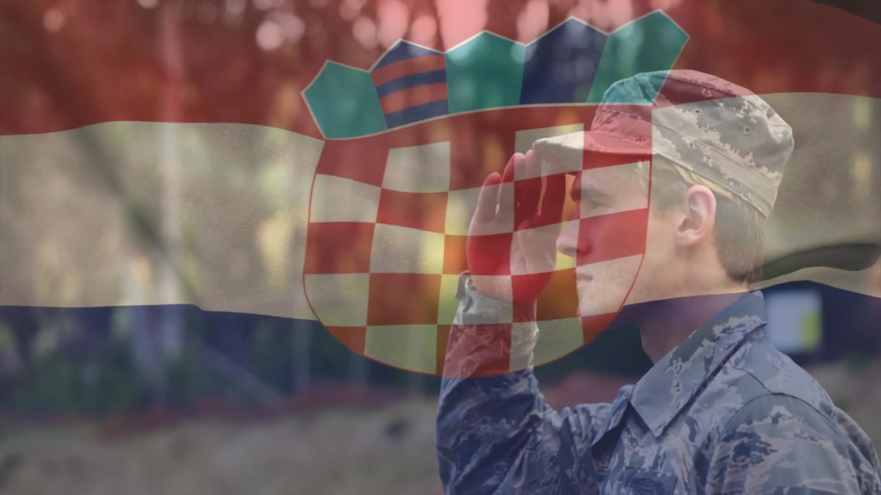 Service member lifting hand to cap saluting lowering in military tribute with Croatian flag overlay