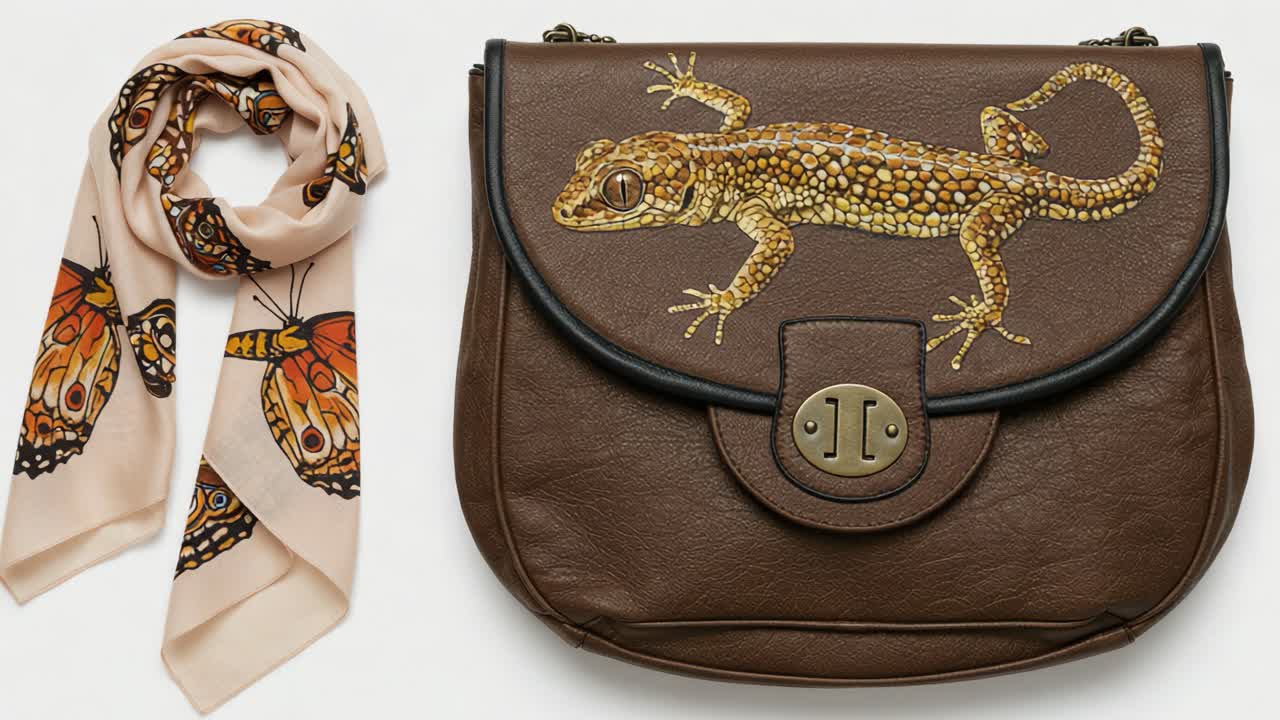 Una borsa marrone unica con un sorprendente design a geco, accanto a una sciarpa alla moda con motivi a farfalla per un look elegante