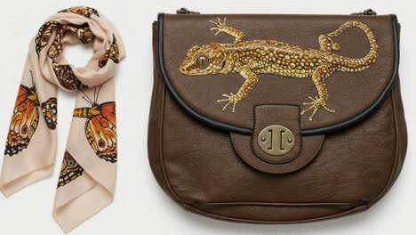 a unique brown handbag featuring a striking gecko design alongside a fashionable scarf with butterfly patterns for a stylish look