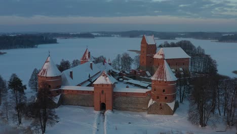 aerial view of trakai island castle in winter time