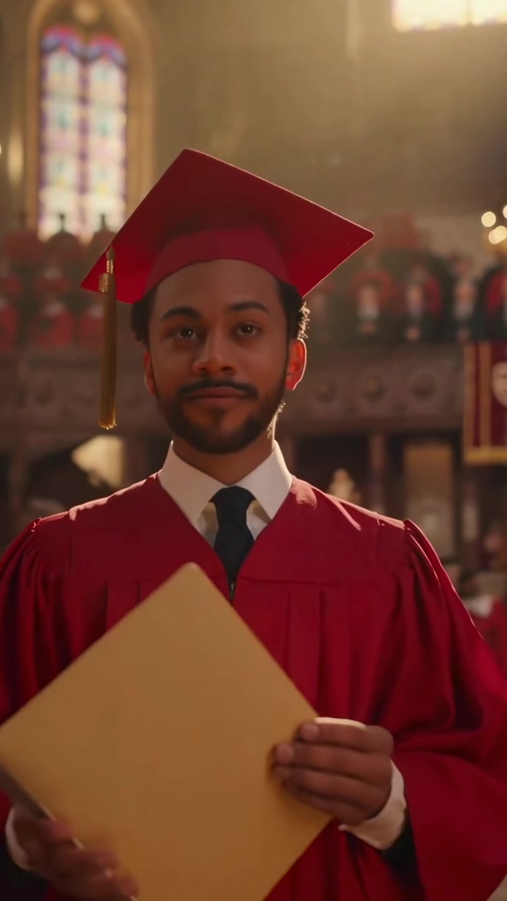 Giovane uomo in toga di laurea che tiene un diploma durante una cerimonia