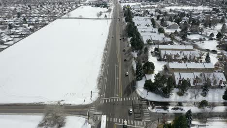 aerial view over snowy road