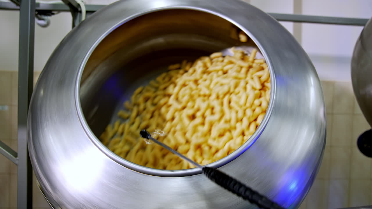 Spinning metal tank filled with yellow crispy snacks. Pulverize device spraying sugar glazing on corn sticks. Food factory manufacturing.
