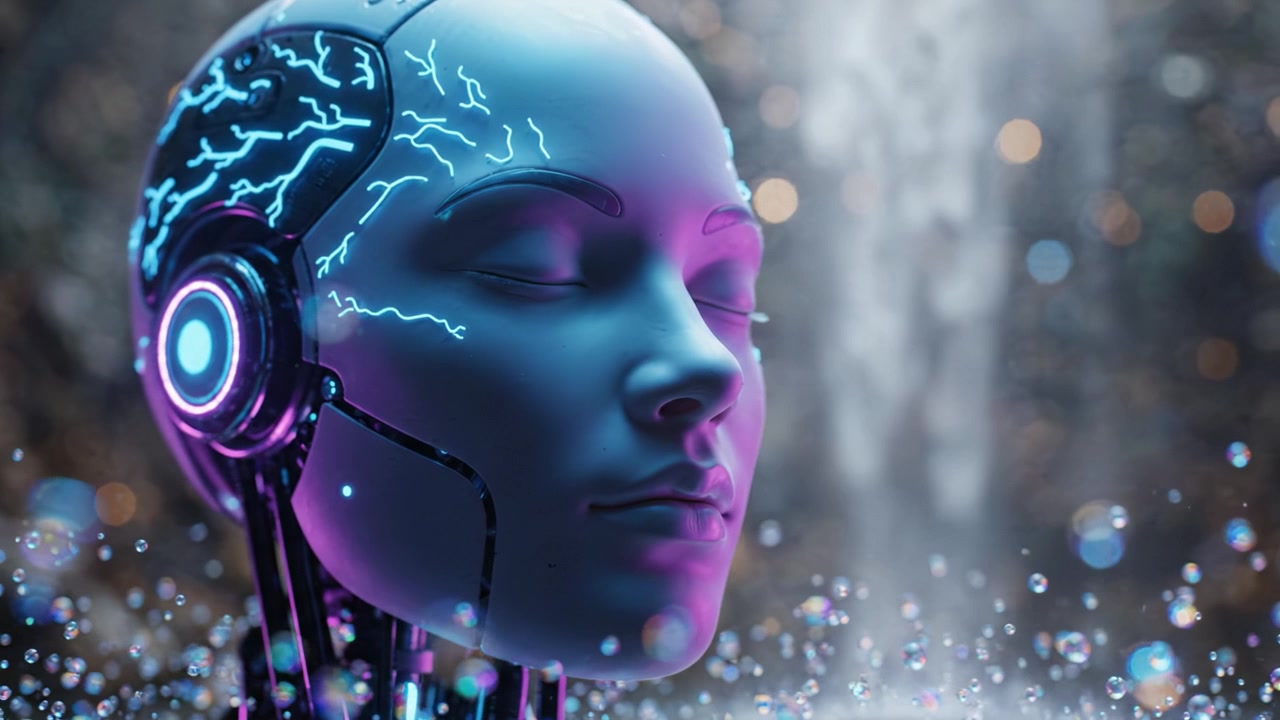 The Evolving Face of Artificial Intelligence: A Futuristic Robot Character with Luminous Features and Advanced Technology in an Enigmatic Environment