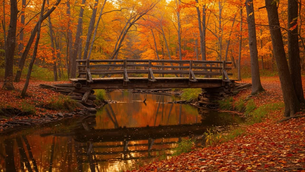 Serene Autumn Scene with a Wooden Bridge Over Reflective Water Surrounded by Vibrant Fall Foliage, Capturing the Beauty of Nature in its Colorful Glory
