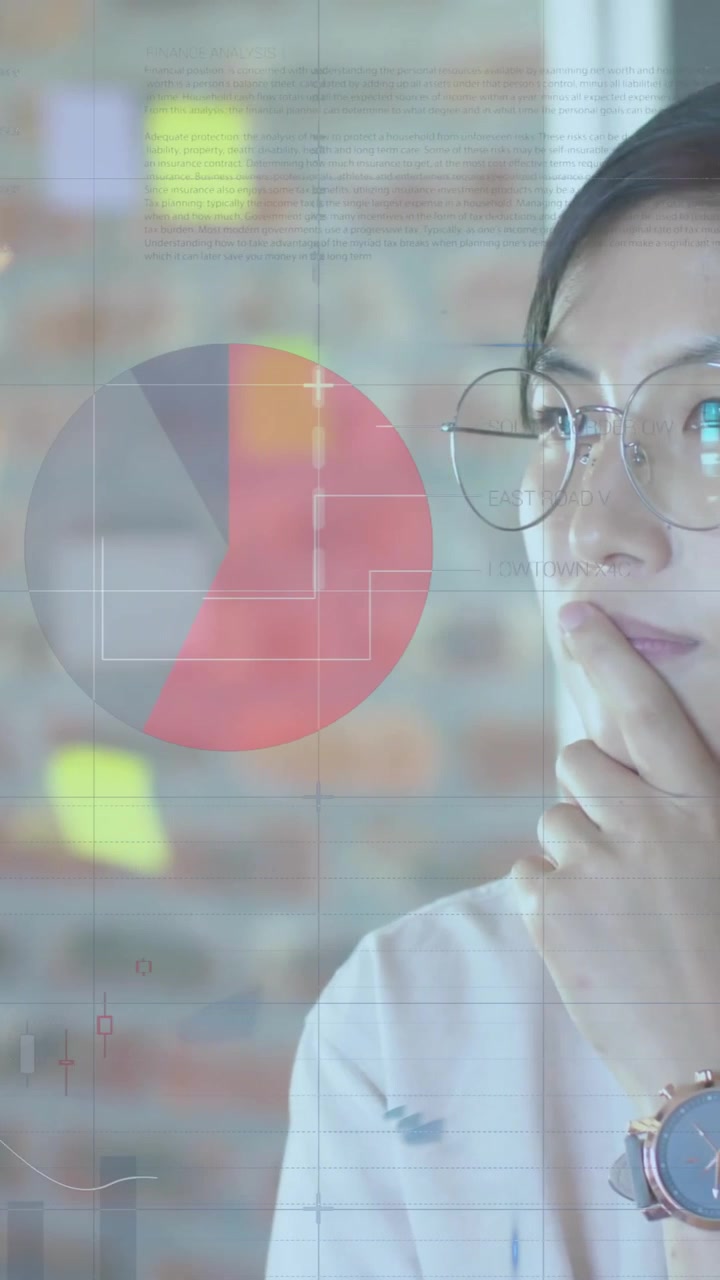 Animation of financial data processing over businesswoman in office
