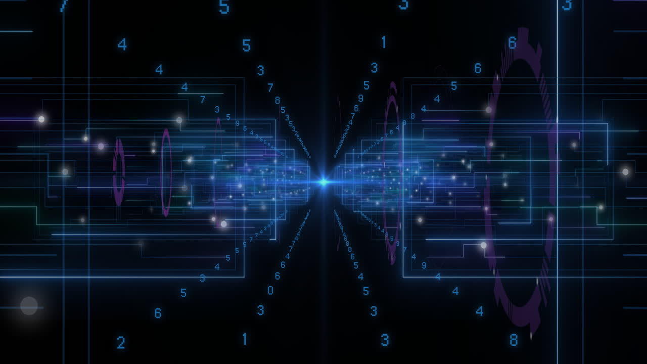 Animation with digital data streams converging, numbers glowing on dark background