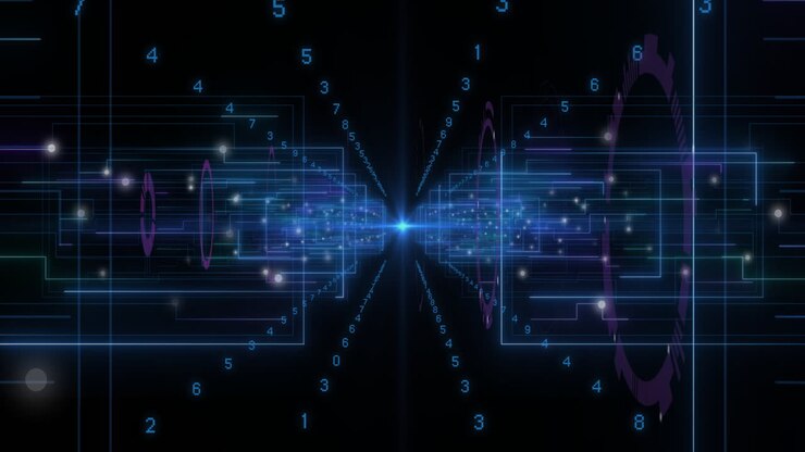 Animazione con flussi di dati digitali che convergono, numeri luminosi su sfondo scuro