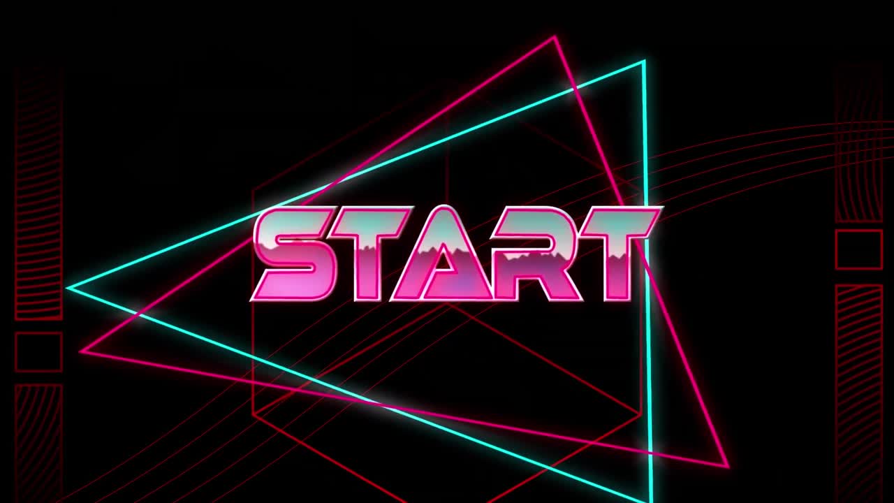 Animation of start text over colorful geometrical shapes on black background