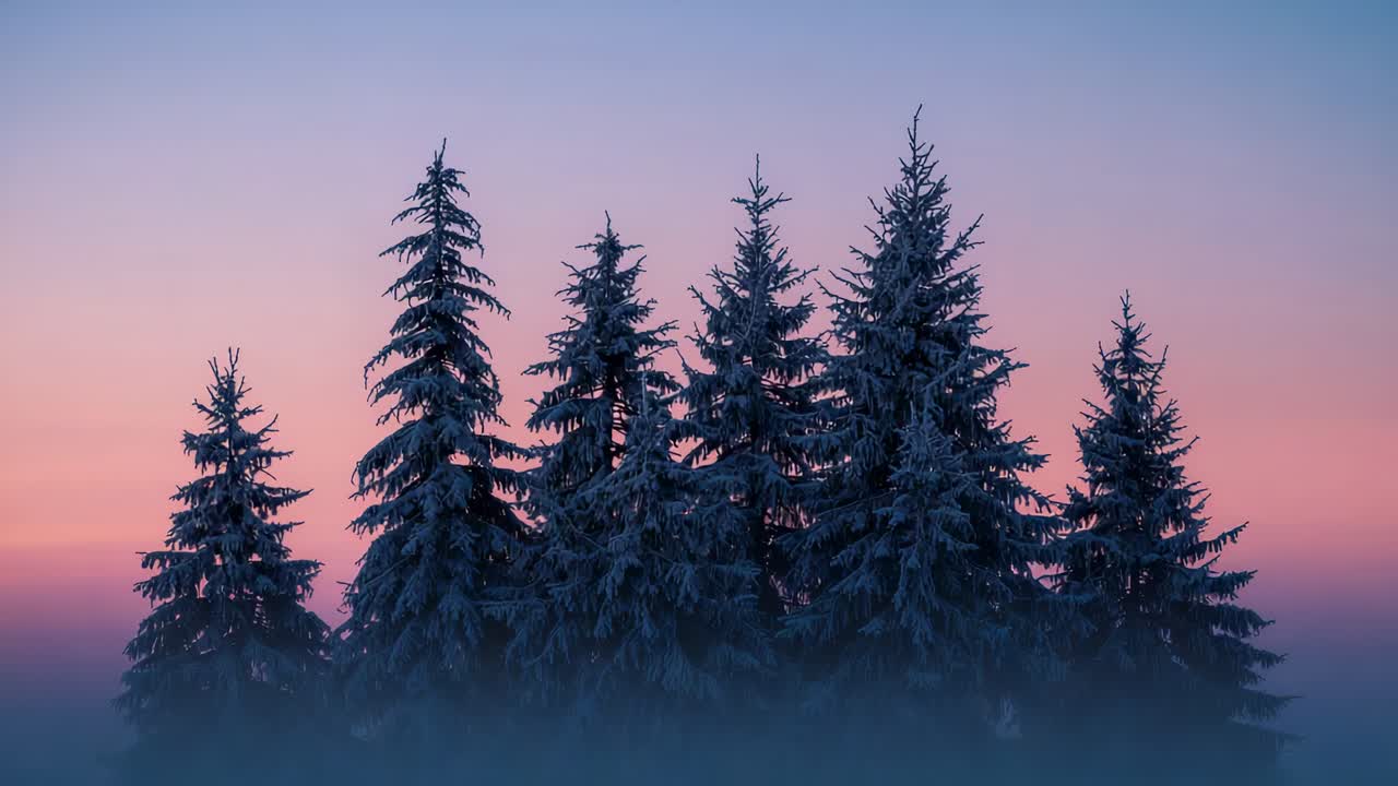 Showing frosted fir treeline with mist rising, swaying in breeze at dawn as pastel sky shifting