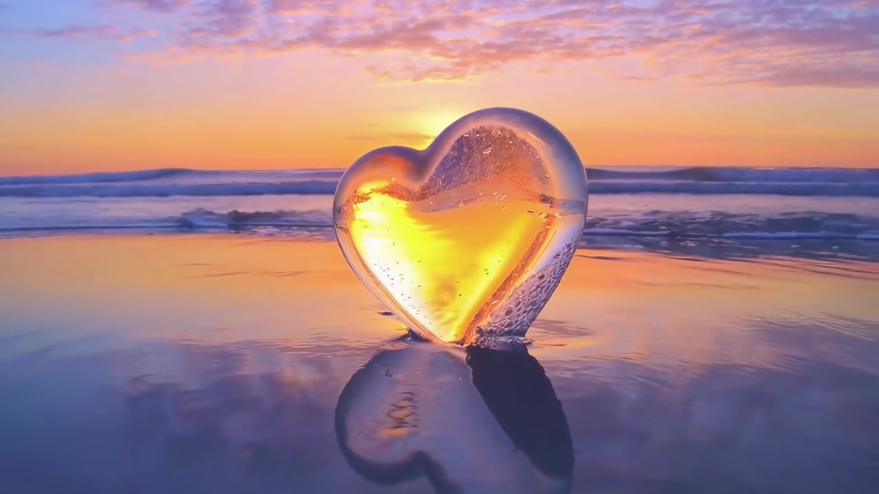 Kristallherz, das einen goldenen Sonnenuntergang an einem ruhigen Strand widerspiegelt