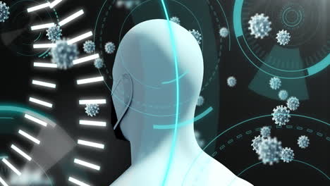 texto de 5 g y círculos contra el modelo de cabeza humana y las células de covid 19