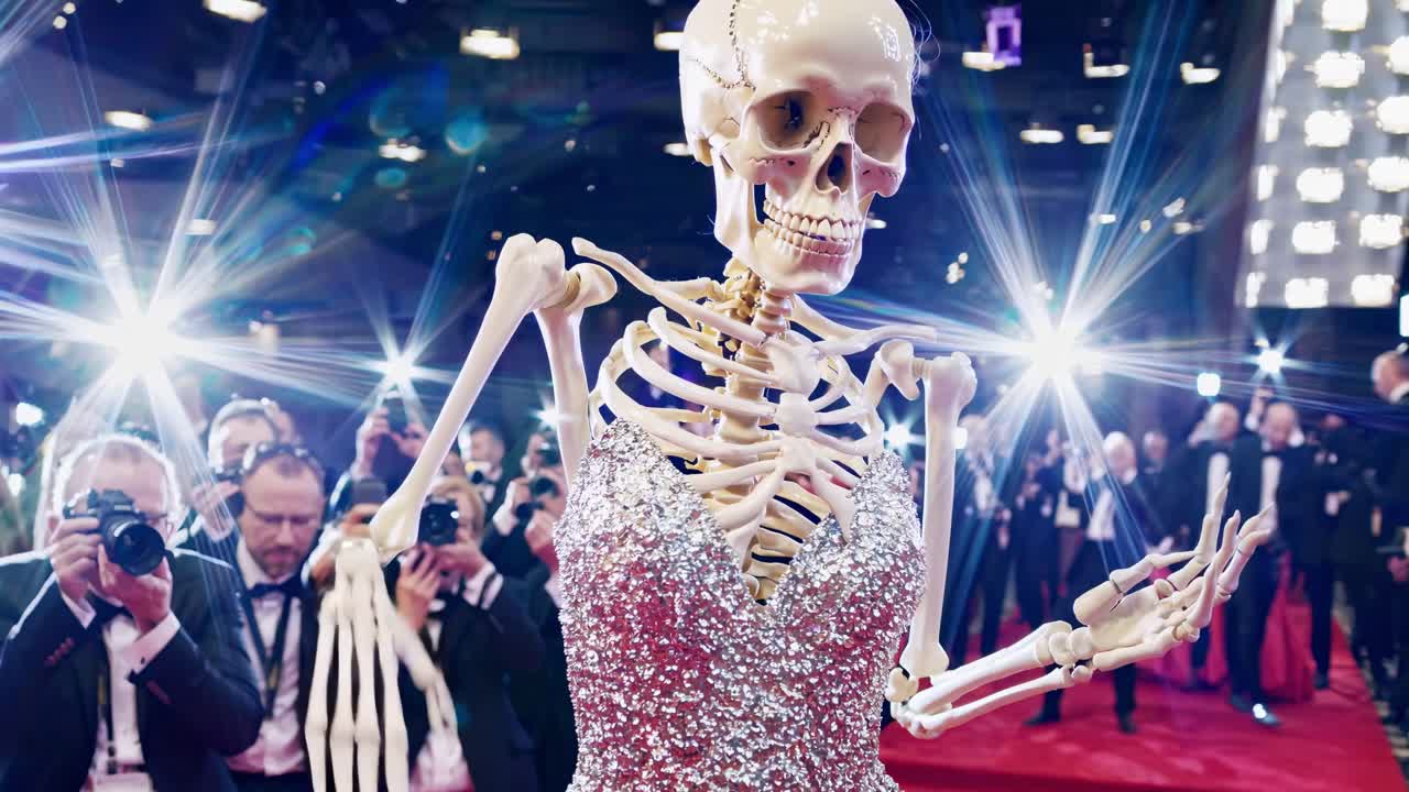 Skeleton figure in glamorous attire waves to the crowd on the red carpet, surrounded by photographers capturing the lively atmosphere of the event