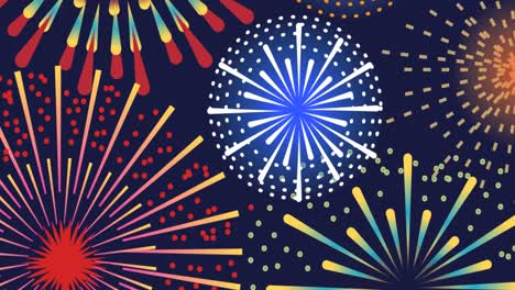 Animation-of-exploding-colourful-fireworks-scrolling-on-black-background