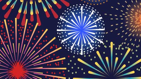 Animation of exploding colourful fireworks scrolling on black background