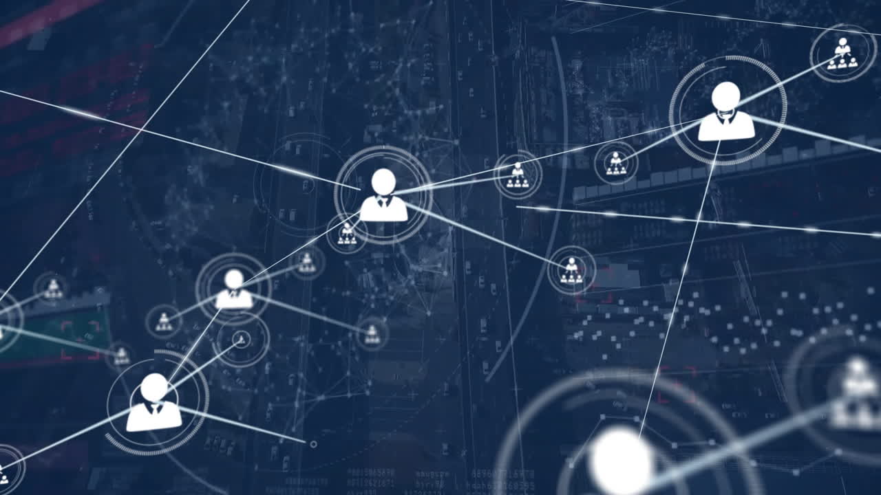 animación de la red de conexiones y procesamiento de datos en la ciudad.