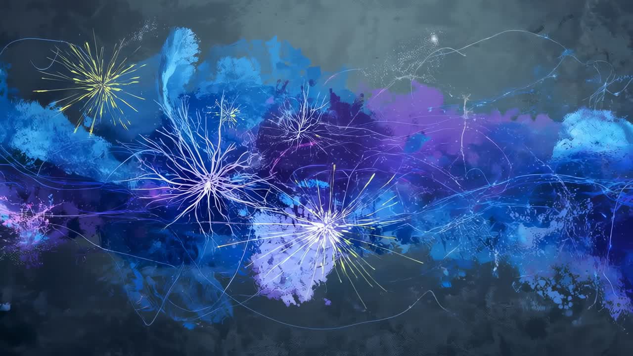 Playing, large blue cluster pulsing filaments on dark board, linking purple blotch and yellow burst