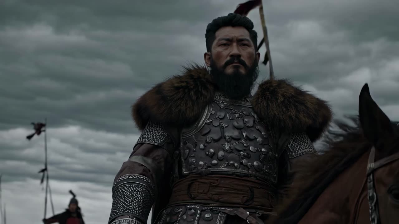 Dramatic low-angle shot of a warrior in fur-trimmed armor on horseback under stormy skies