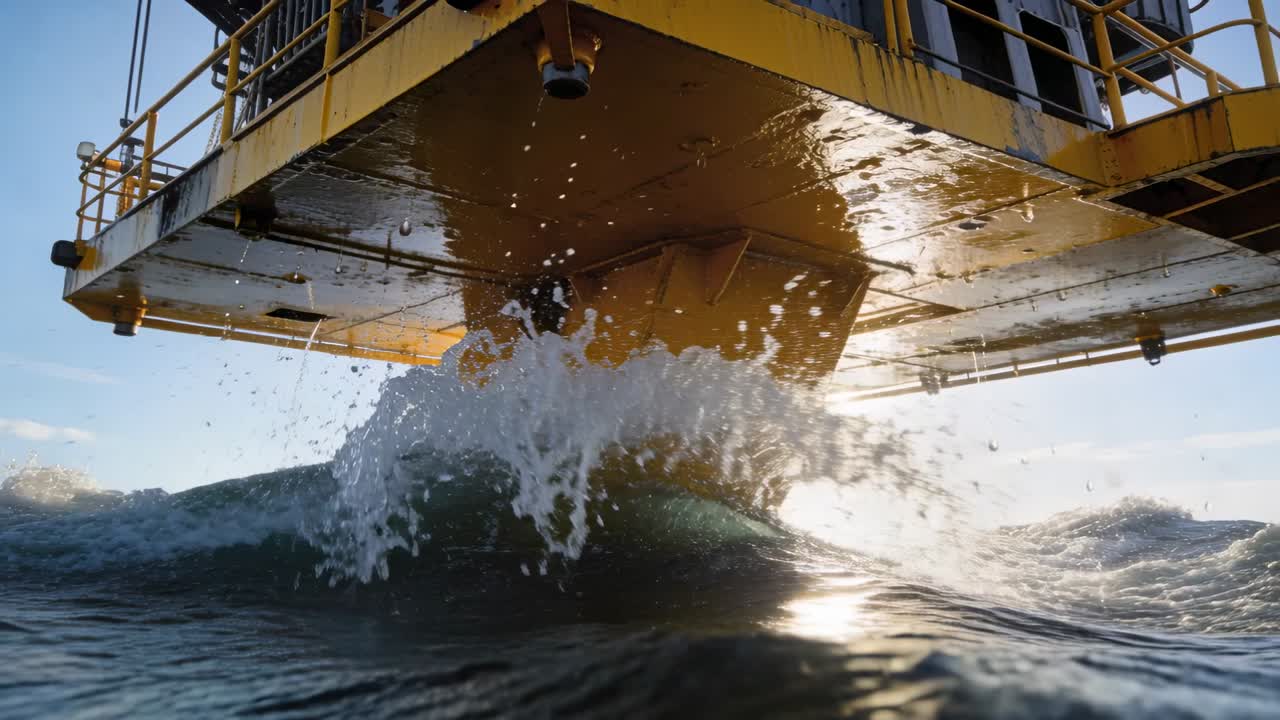 Onde in arrivo da destra, generate dal moto ondoso, che si infrangono su un pilastro metallico giallo, retroilluminate dal sole e che spruzzano acqua.