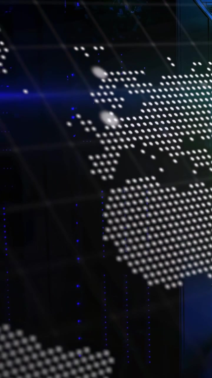 Camera pulling back, halftone world map revealing code, LED dots, grid lines showing tech data
