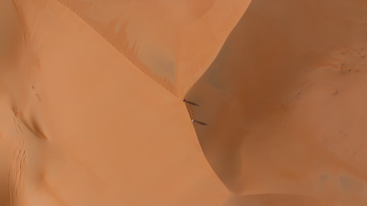 High aerial view of people on the highest dune in the Empty Quarters, Oman, in summer