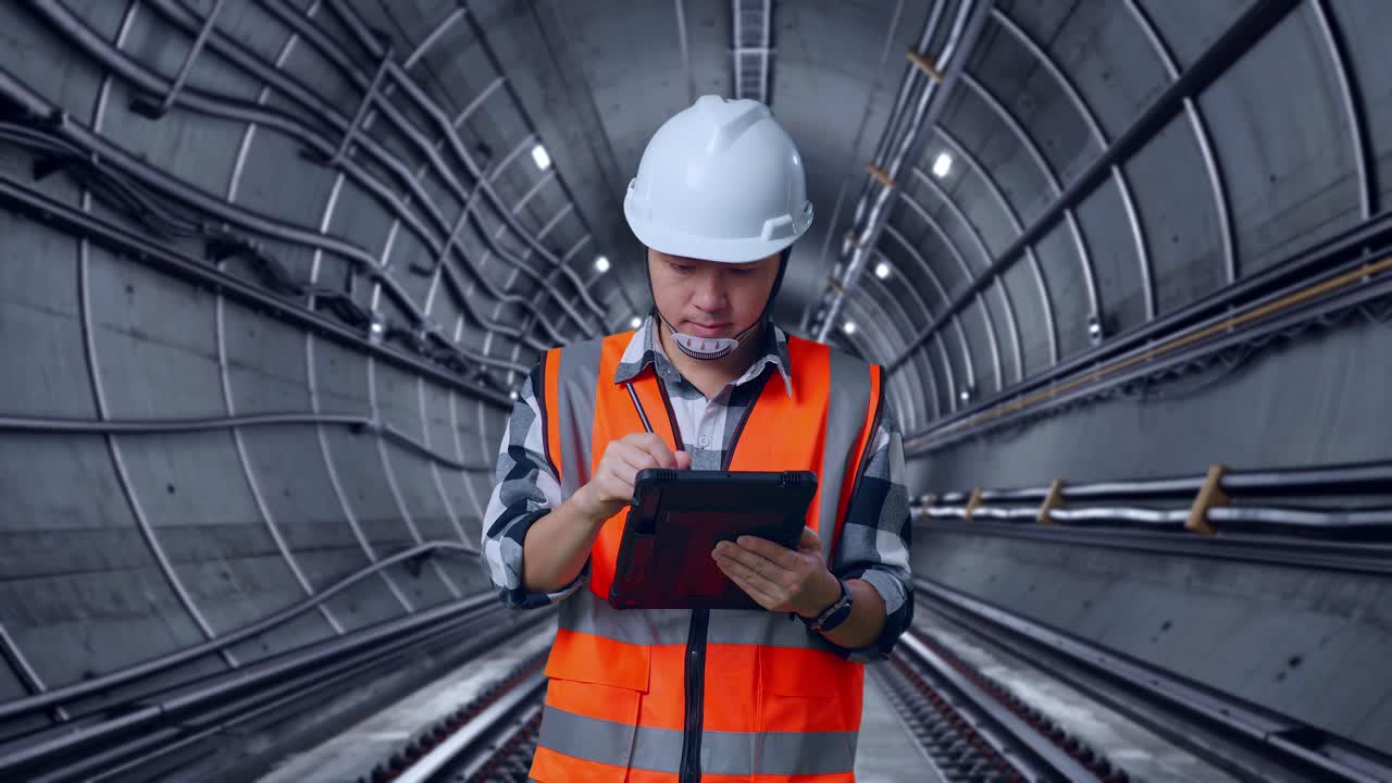 Asian Male Engineer With Safety Helmet Taking Note On The Tablet And Looking Around While Standing In Underground Subway Tunnel
