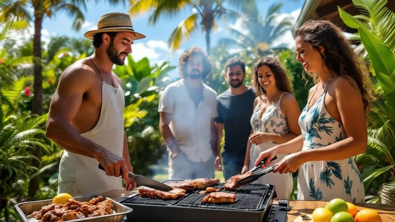 Male chef in a white apron is grilling meat outdoors, surrounded by friends enjoying a sunny day in a tropical garden, with lush greenery and vibrant fruits enhancing the atmosphere