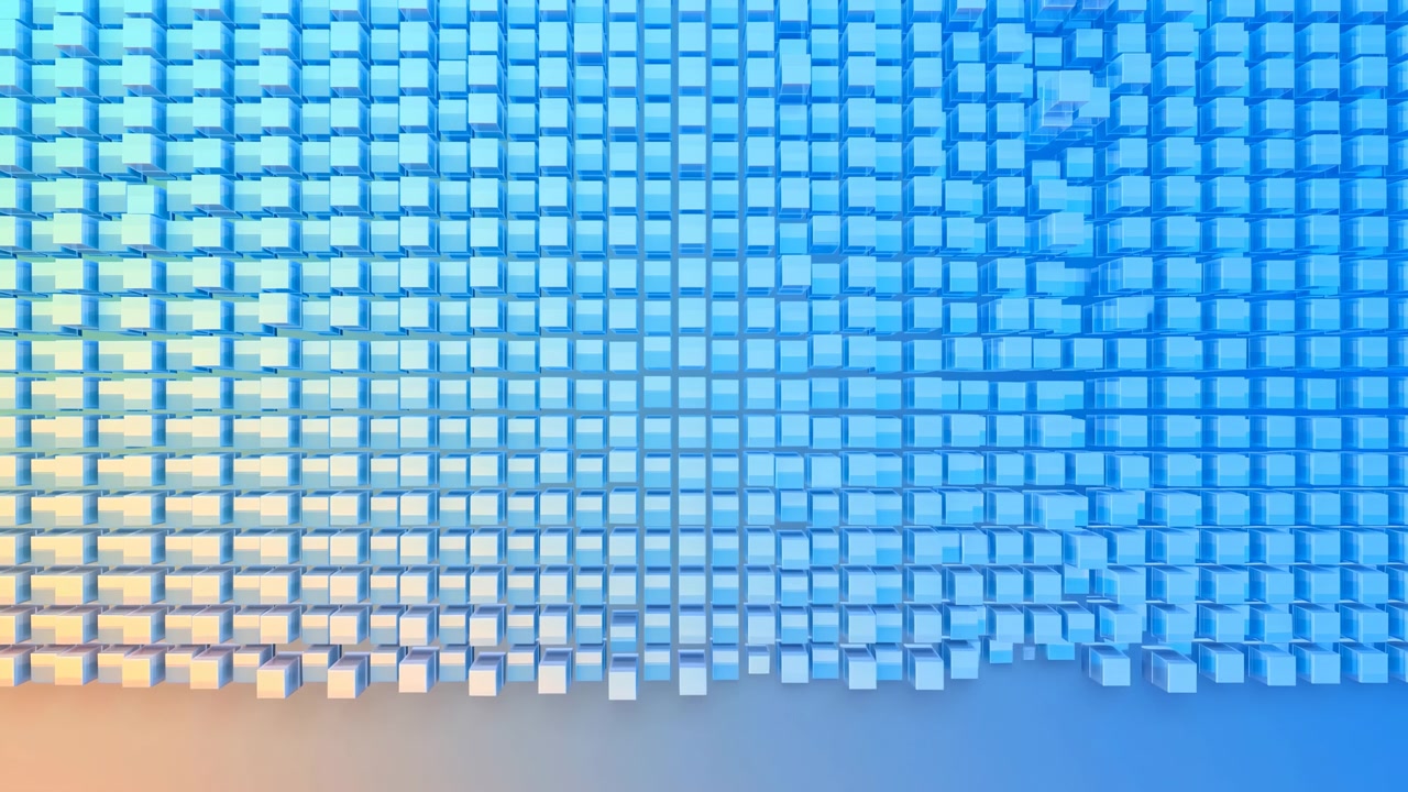 Cubi blu traslucidi fluttuano attraverso una fitta griglia stratificata nello spazio superiore, creando una profondità geometrica pulita, un bagliore morbido e un'atmosfera digitale futuristica mentre l'ampio sfondo inferiore rimane aperto