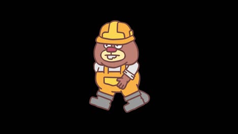 el constructor castor en el sombrero duro camina. cuadro por cuadro de animación. canal alfa