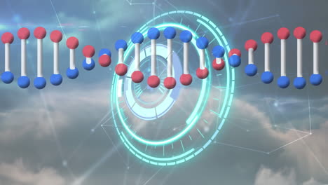 animation of scope scanning, dna strand and network of connections