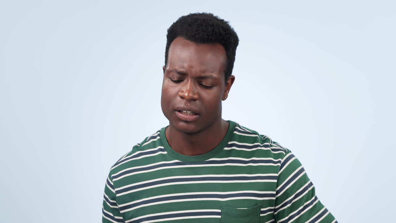 Phone, problem and frustrated man in studio