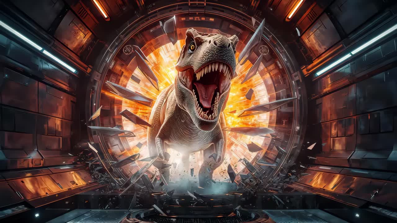 T-Rex Breaking Through a Futuristic Portal