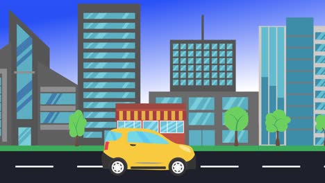 car driving rides around city side view, loop animation, flat design background