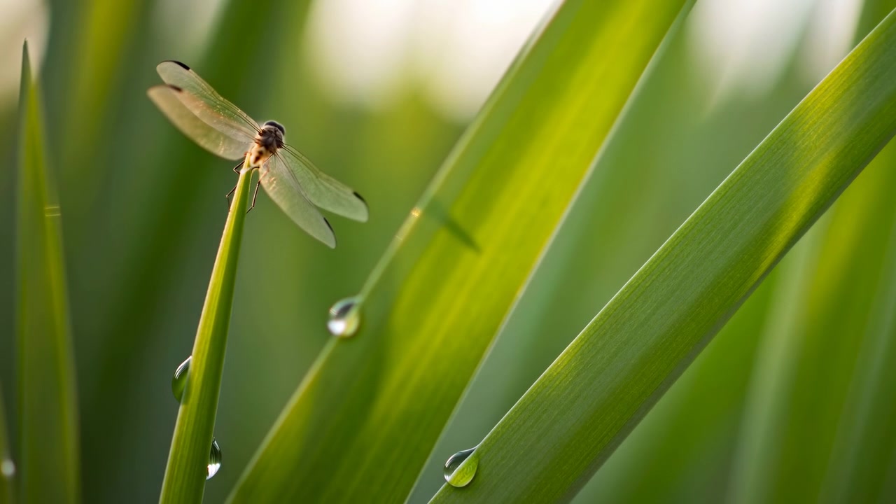 Una libellula si posa sulla punta di un filo d'erba sottile con le ali spiegate, membrane alari traslucide e venature sottili visibili da una leggera angolazione posteriore-laterale, corpo e testa appaiono in parziale silhouette.