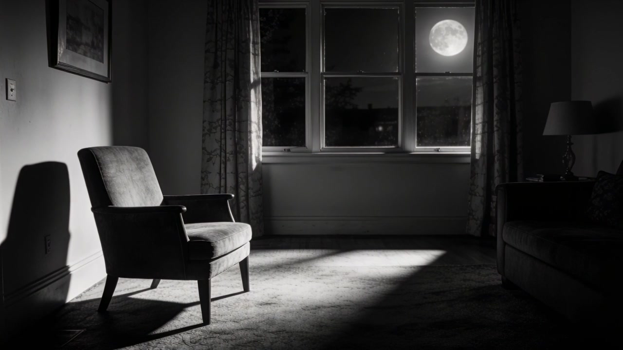 Le clair de lune changeant déplaçant l'ombre d'un fauteuil sur le tapis la nuit, tandis que la pleine lune bouge derrière la fenêtre.