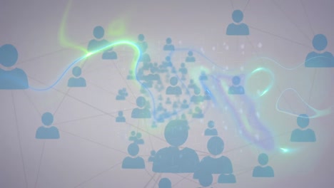Animation-Von-Grünen-Lichtwegen-Mit-Netzwerksymbolen-Aus-Menschen-Auf-Grauem-Hintergrund