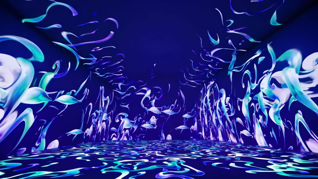 Abstract Fluid Light Projections Moving on Walls and Floor in Dark Room