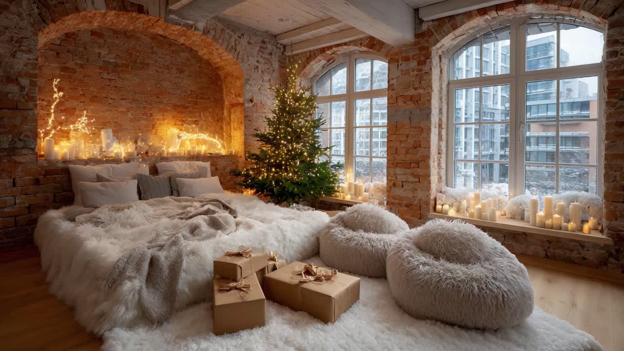 Cozy Winter Wonderland Bedroom with Decorated Christmas Tree, Soft Blankets, Warm Lighting, and Gift Boxes, Perfect for Holiday Relaxation and Celebration