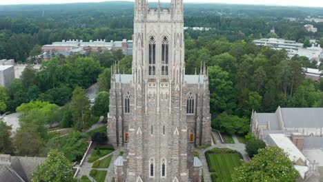 rising aerial of duke cathedral at university campus